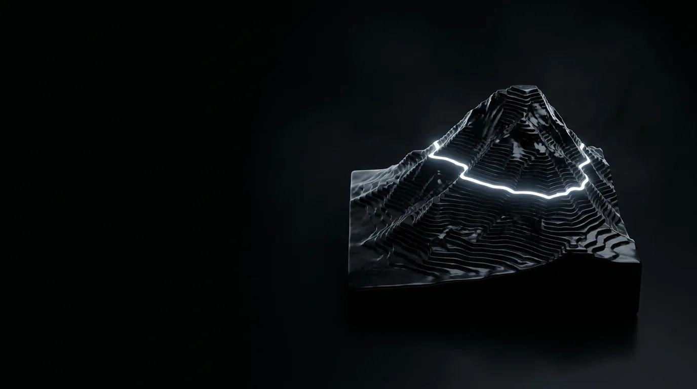 Escultura de obsidiana em forma de montanha com curvas de nível, uma delas acesa em luz branca
